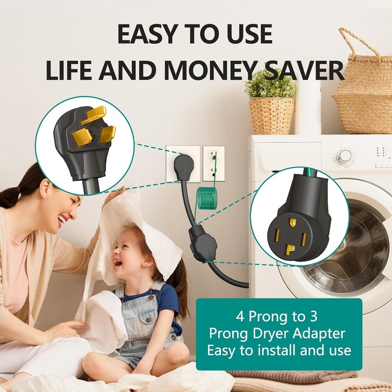 Strightinc 4 Prong to 3 Prong Dryer Plug Adapter with Green Ground Wire, Connects 4-Prong New Dryer Female to 3 Prong Old Dryer Male Receptacle, 10-30P to 14-30R Dryer Adapter - Image 5